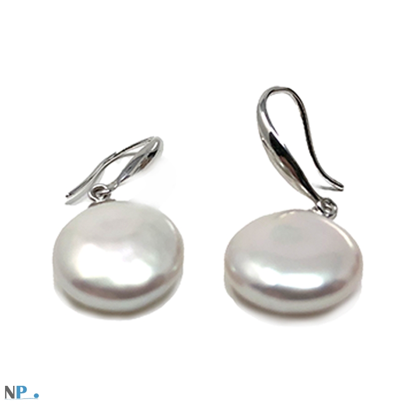 Boucles d'oreilles dormeuses avec authentiques perles de culture en forme de palet, 100% nacre produite par le mollusque
